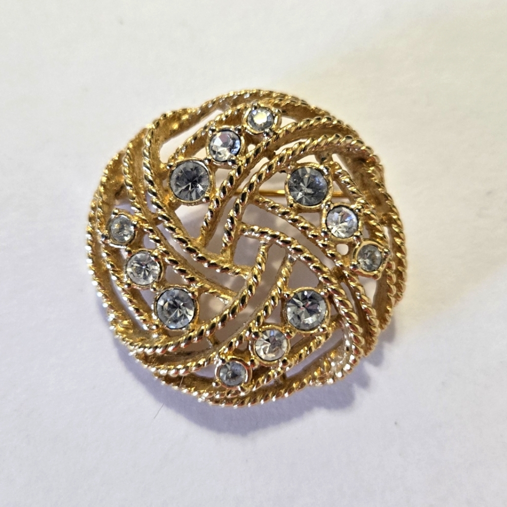 Gold Tone Knot Design Brooch/Pin With White Stones